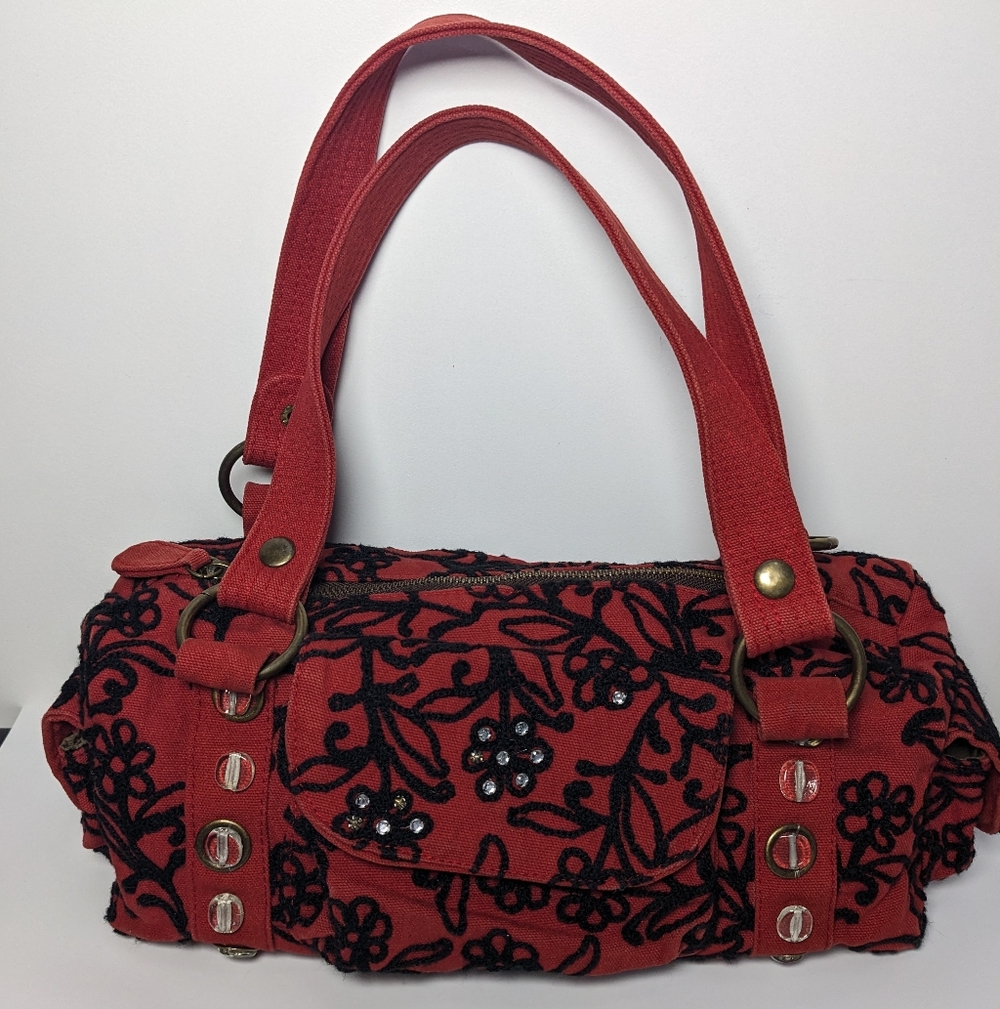Lola Handbag Canvas Floral Embroidered Red Black Purse Whimsygoth